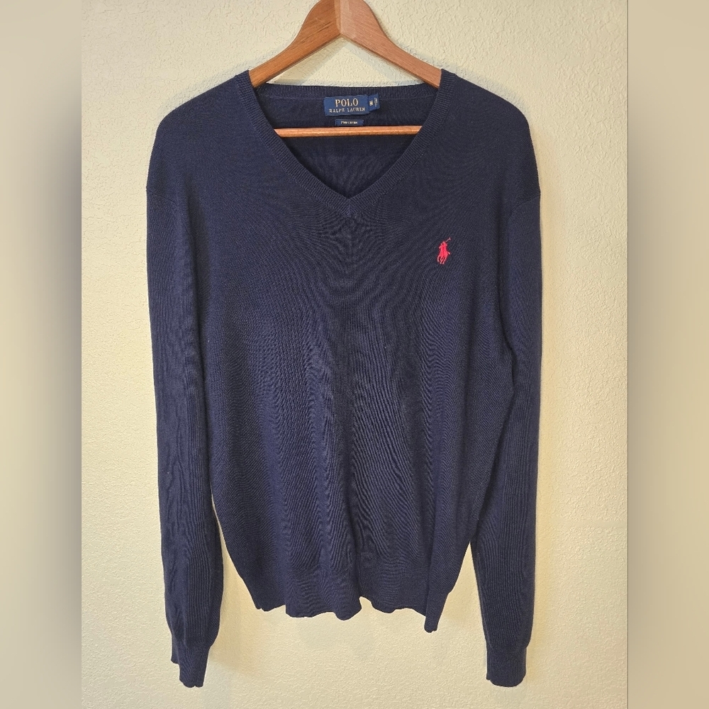 Polo Ralph Lauren Mens V-Neck Sweater Size Med  100% Pima Cotton Navy Blue Logo